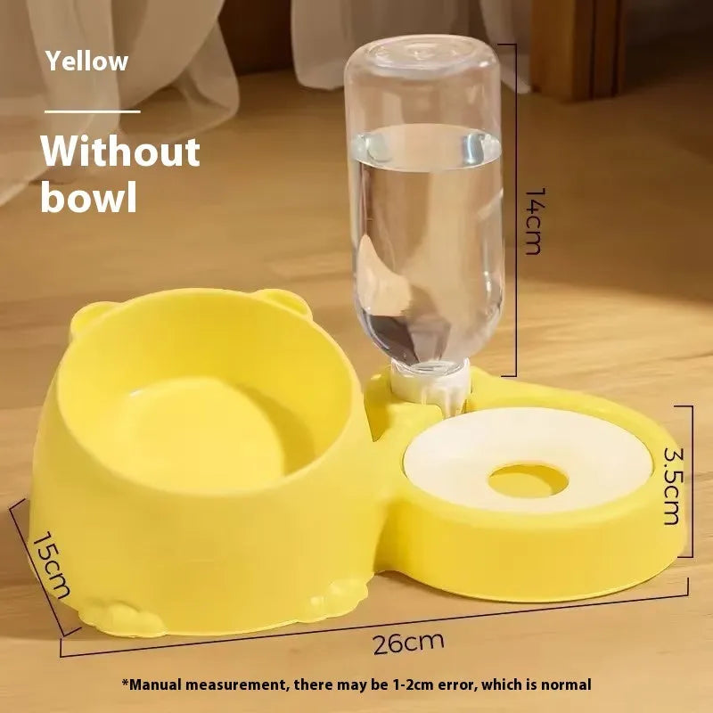 Automatic drinking pet fountain with two plastic food bowls in haze blue colour