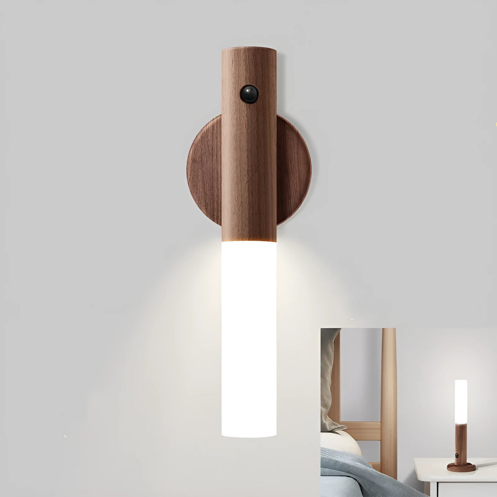 Smart sensor LED desk lamp in coffee colour with solid wood base and organic glass light diffuser