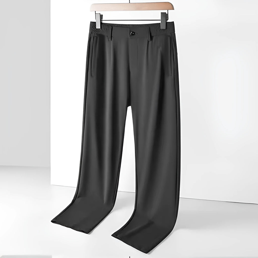 Men's black ice silk loose-fit straight-leg casual trousers with elasticated waist.