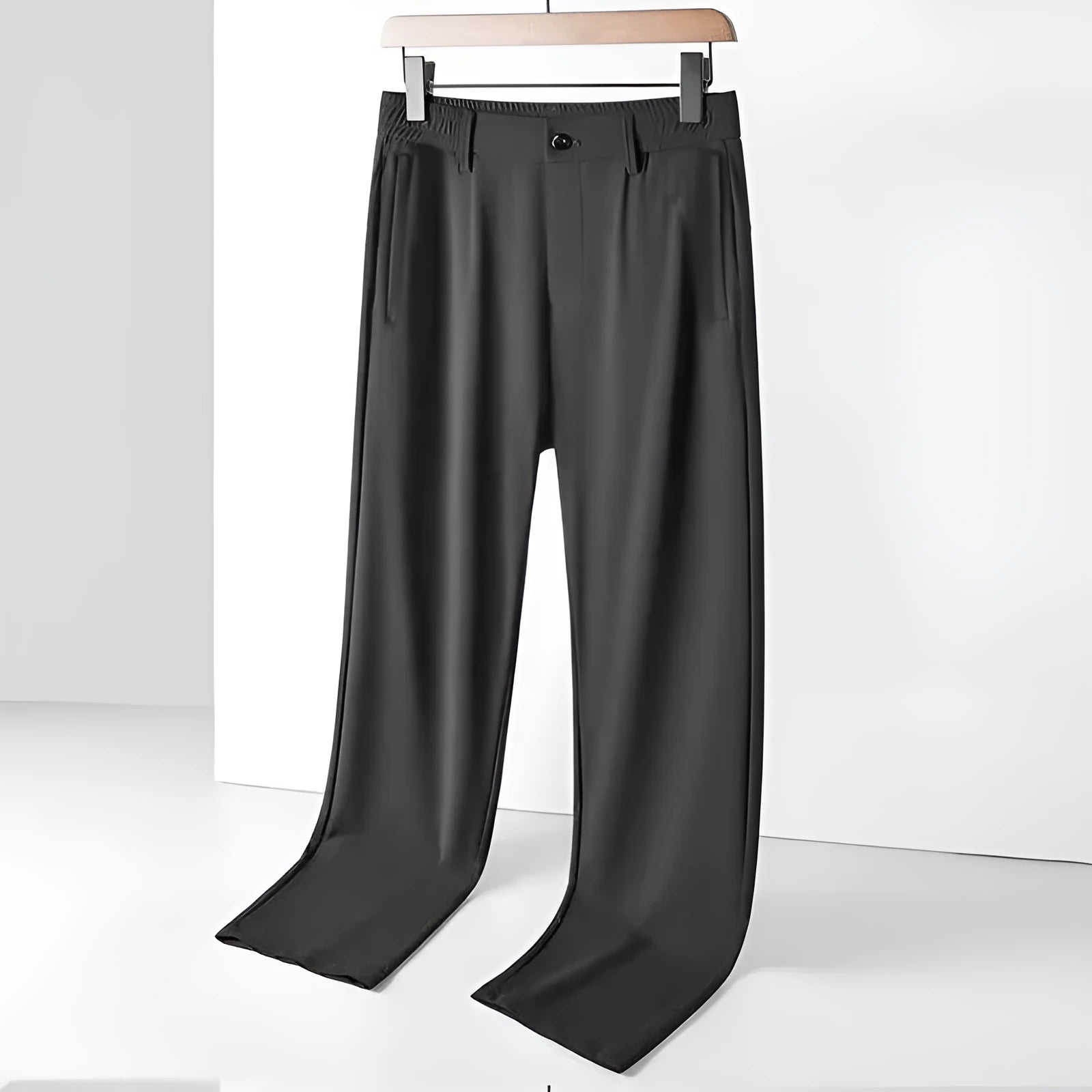 Men's black ice silk loose-fit straight-leg casual trousers with elasticated waist.