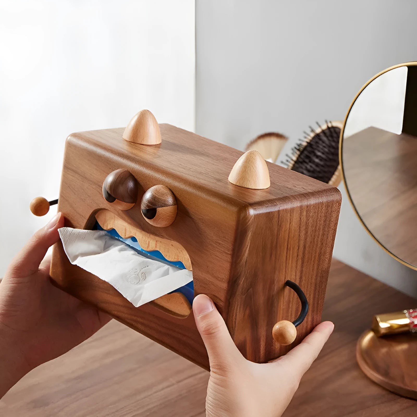 Cartoon bee and monster design wooden tissue box in walnut beech wood.