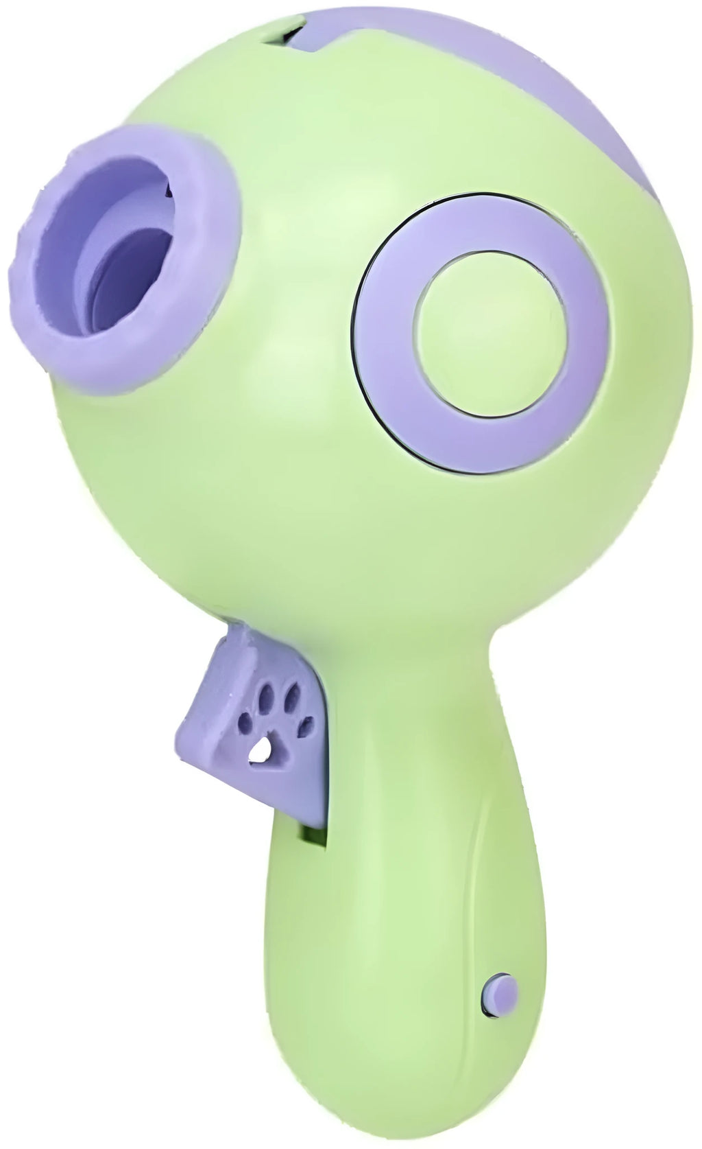 Green, orange, and pink plastic dog treat launcher toy for interactive feeding and training.