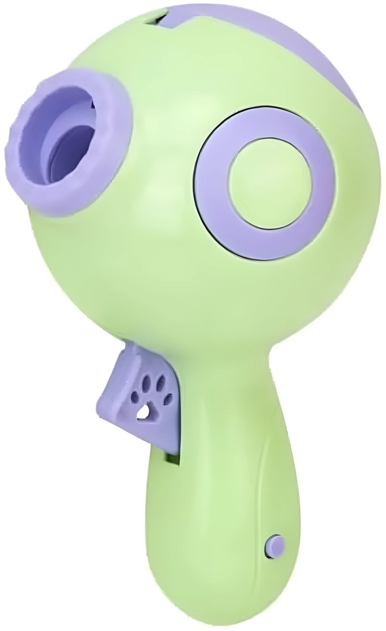 Green, orange, and pink plastic dog treat launcher toy for interactive feeding and training.