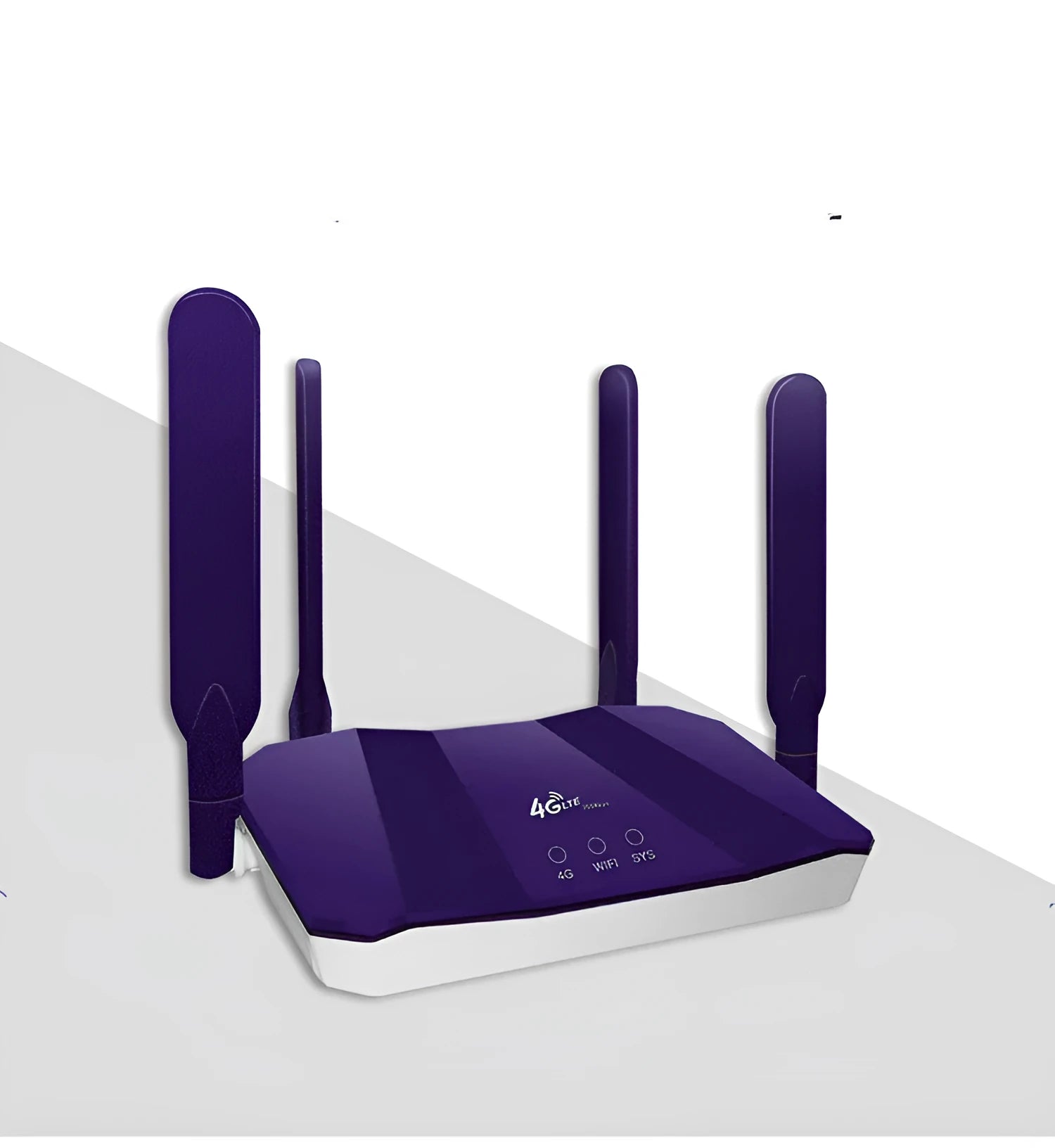 Blue 4G and wired dual-mode router with four extended antennas, showing front panel indicators.