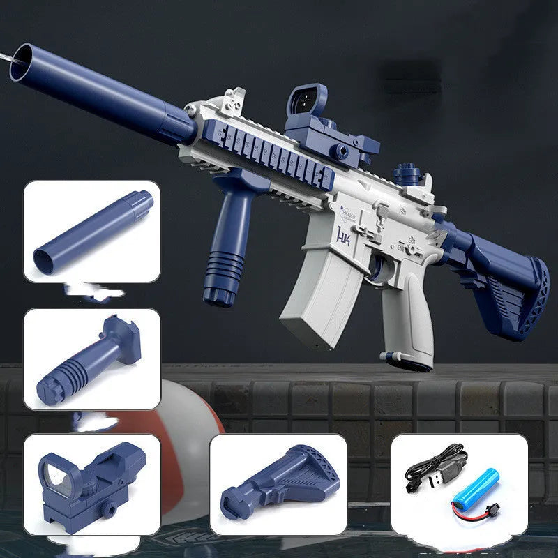 Blue electric water gun with USB charging cable and 55cm length measurement