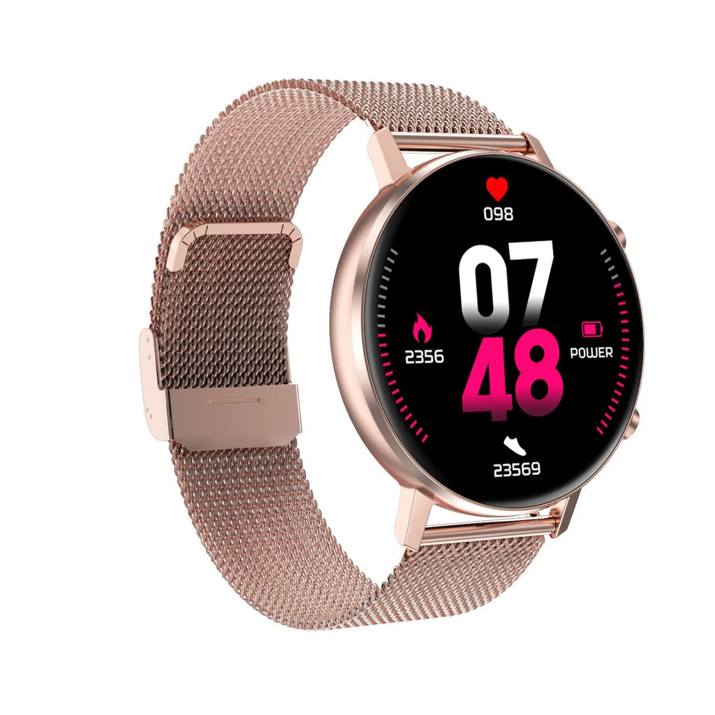 DT96 smart fitness bracelet with colour display and stainless steel strap in black, rose gold, or silver
