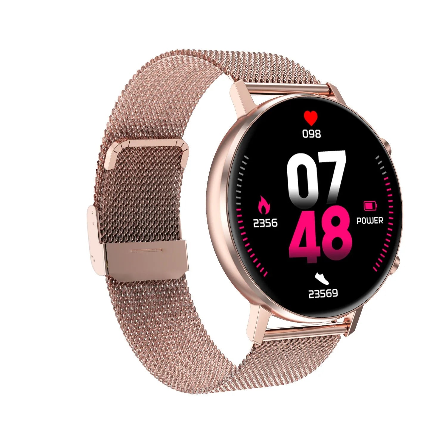 DT96 smart fitness bracelet with colour display and stainless steel strap in black, rose gold, or silver