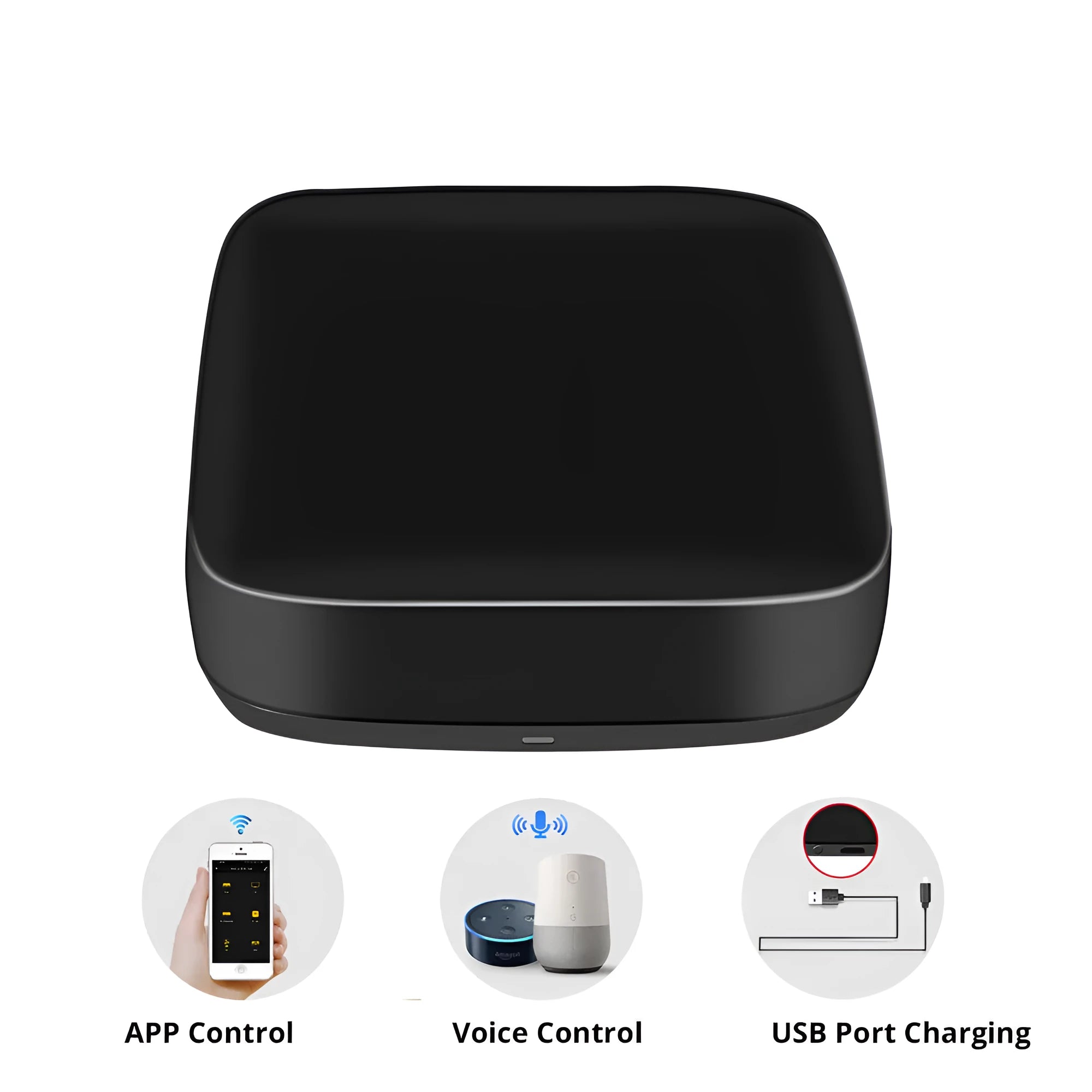 Black voice control universal infrared remote control with WiFi connectivity and environmental sensors