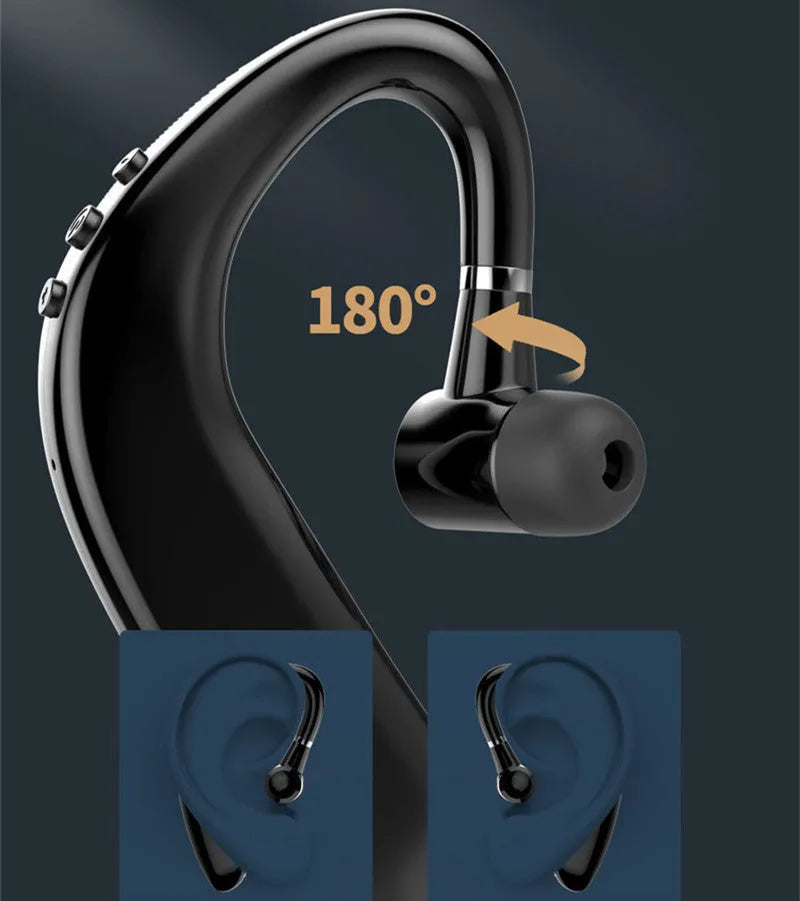 A black or blue unilateral in-ear wireless Bluetooth headset shown worn on one ear.