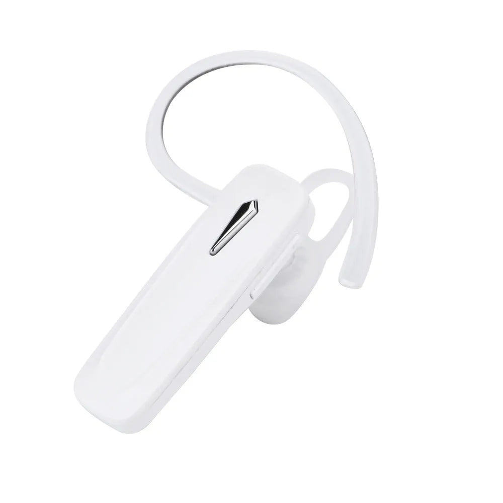M165 wireless Bluetooth headset in black with hang-on ear design showing battery display
