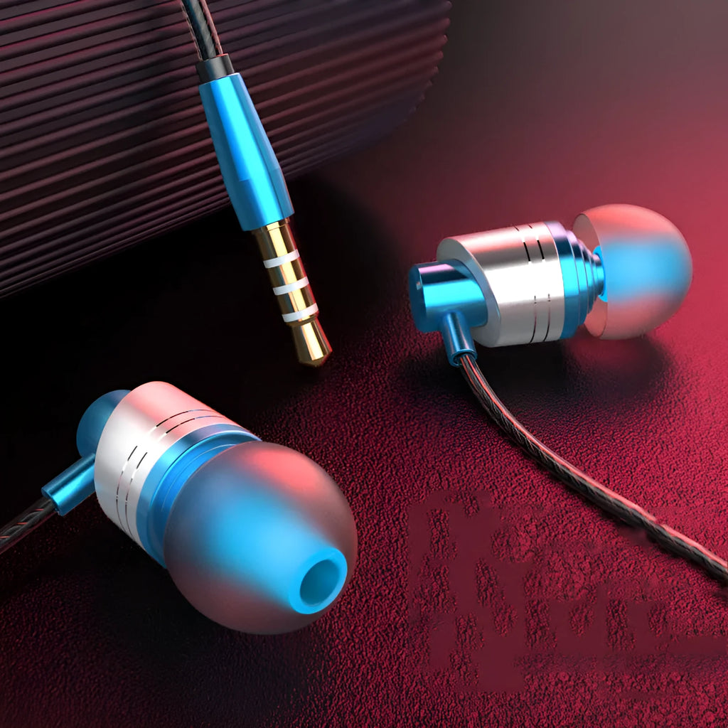 Black wired in-ear headphones with a 3.5mm plug, microphone on cable, and silicone ear tips