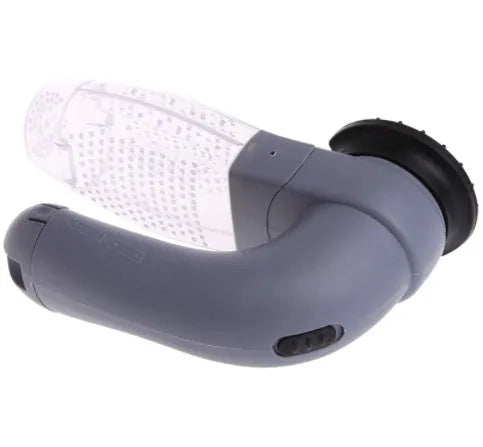 Grey handheld pet hair vacuum cleaner with soft rubber brush head for grooming dogs and cats.