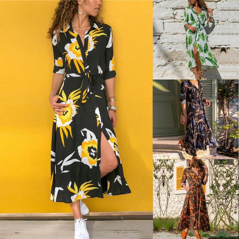 Women's printed chiffon maxi dress with V-neck and A-line skirt on a hanger.