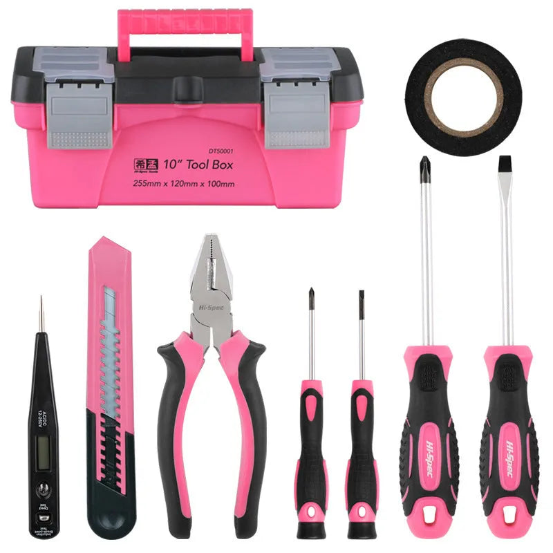8-piece household tool kit with carbon steel screwdrivers and wire cutters in a 10-inch tool box