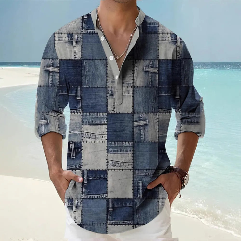 Men's thin striped Hawaiian long sleeve shirt in cardigan style available in multiple colours and sizes up to 6XL