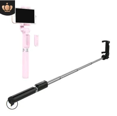 Black Bluetooth selfie stick with tripod bracket extended showing phone clamp and remote control
