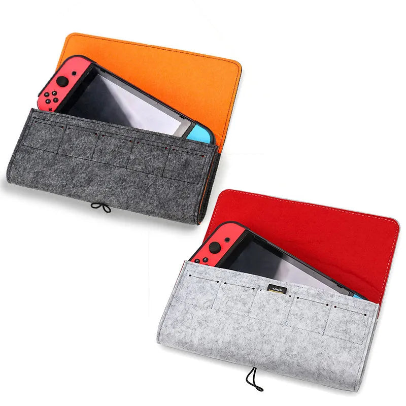 Black felt protective pouch for Nintendo Switch console showing game card slots and double layer design