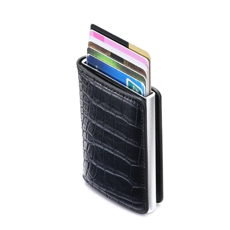 Pattern wallet with metal cartridge automatic pop-up in black polyurethane leather showing card slots