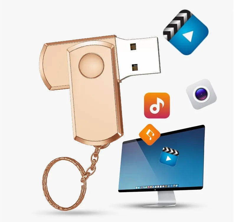 Metal USB flash drive for iPhone in Gold, 128GB or 256GB capacity, compact and portable