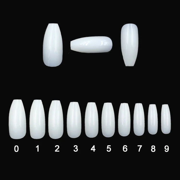 500 transparent and natural coloured ABS false nails in ten sizes, packaged in small bags.