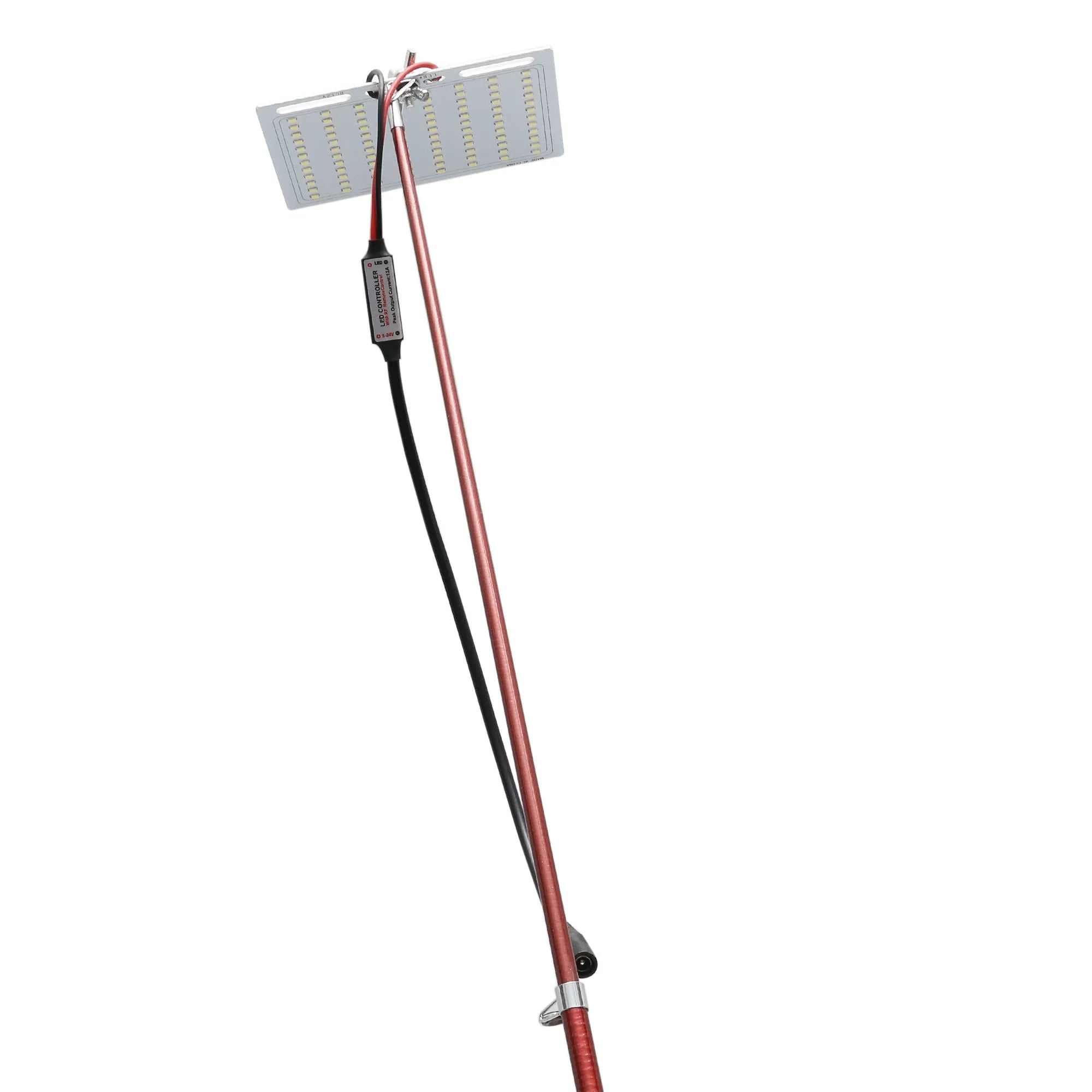 White LED fishing rod light unit on a tall telescopic pole with a remote control, for outdoor night use.