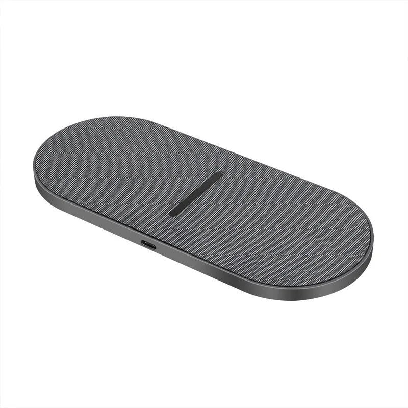 Black dual wireless charging pad for two phones with LED indicators
