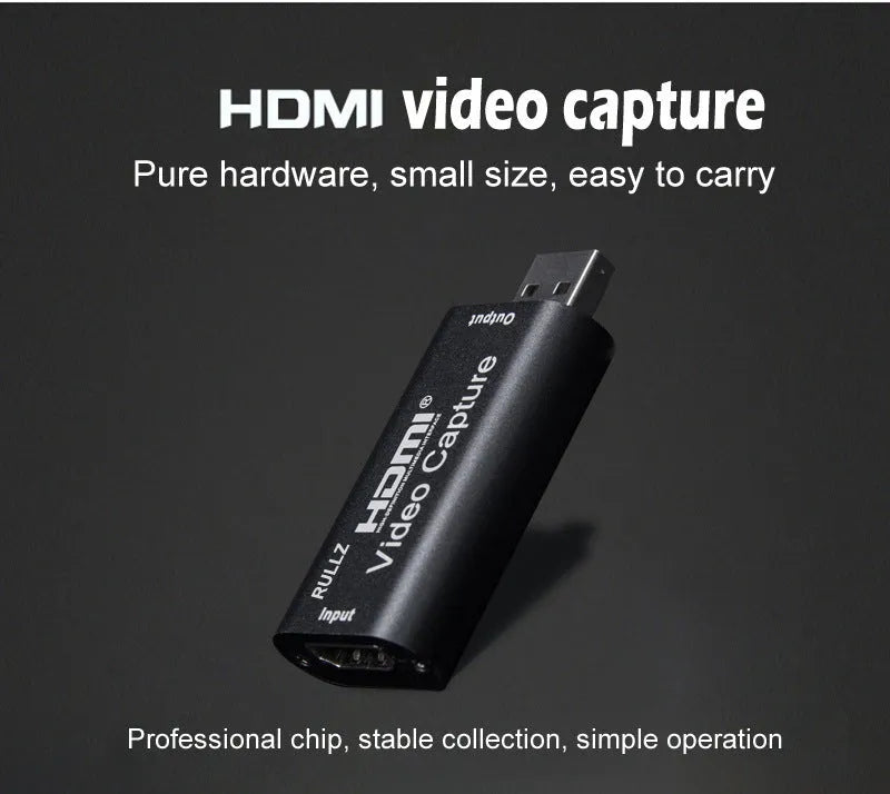 Black HD video capture card USB 3.0 with HDMI input and dimensions 63.8x28x12.8 mm