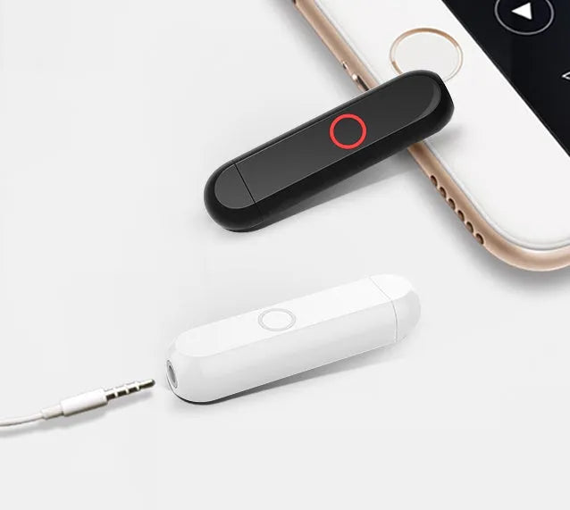 A1 Bluetooth audio receiver converter in black, blue, orange, or white, shown with 3.5mm plug.
