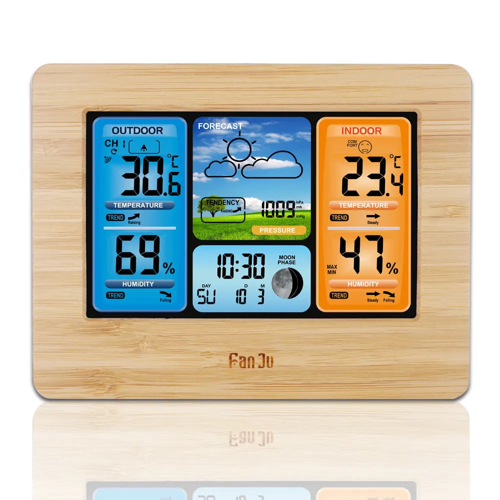 Rectangular LCD weather station showing temperature, humidity, and calendar on black or yellow plastic case