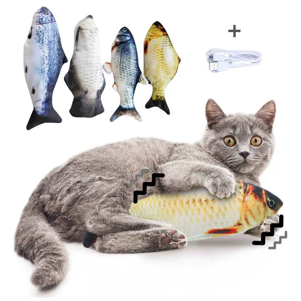 A multicolour electronic jumping fish cat toy measuring 30cm long with a USB charging cable.