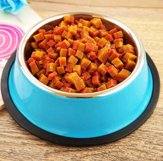 Stainless steel pet bowl with colourful melamine exterior showing dual compartment design