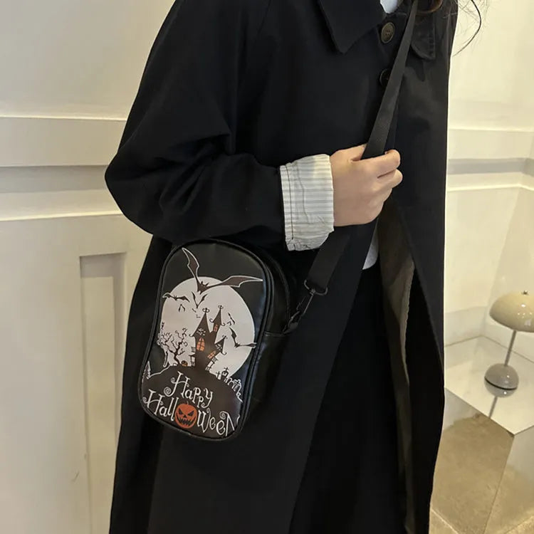 Halloween graffiti print crossbody phone bag with cartoon pumpkin ghost bat designs