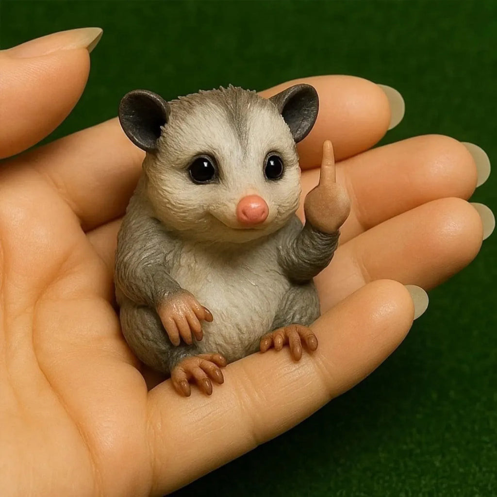 Mini resin animal doll ornament in a vertical middle finger pose, styles include cat, dog, and elephant.