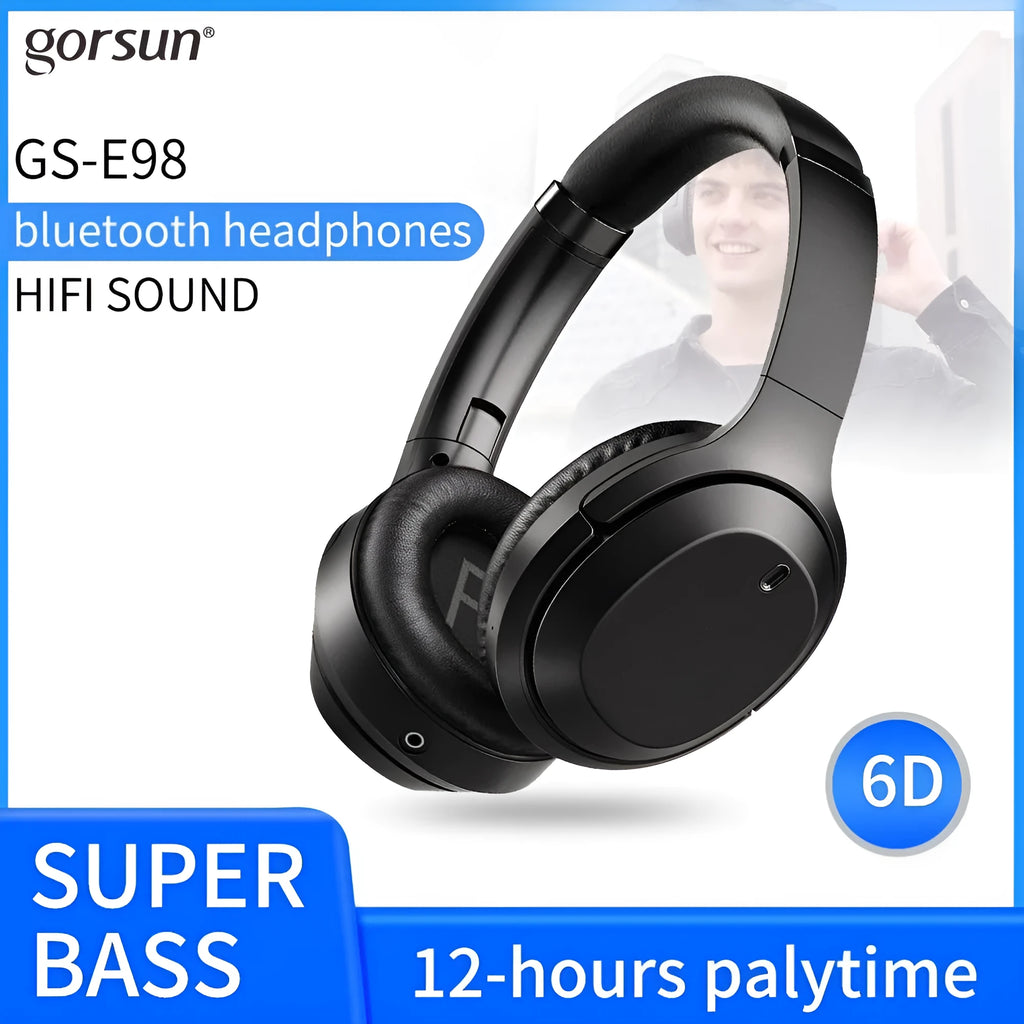 Black Gorsun E98 over-ear wireless Bluetooth headphones with memory-protein ear cushions and adjustable stainless steel headband.