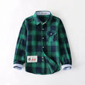 Boys plaid long sleeve slim fit cotton shirt in green with grid pattern