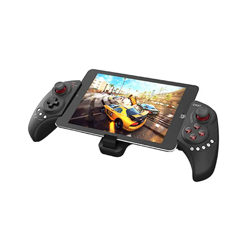 Black wireless telescopic game controller extended to hold a mobile phone, with buttons and joysticks visible.