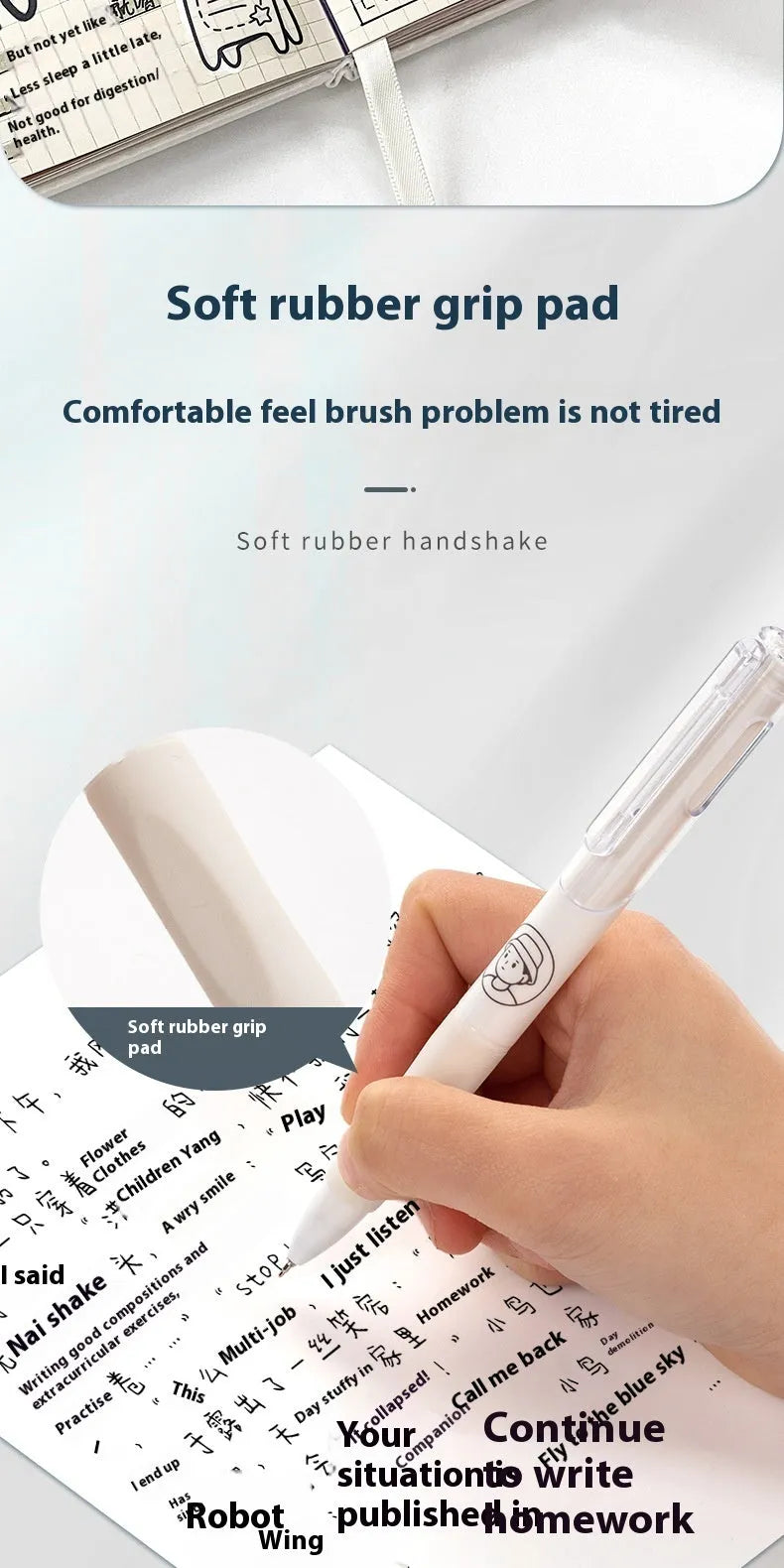 Five plastic ballpoint pens with 0.5mm tips and black ink for student writing