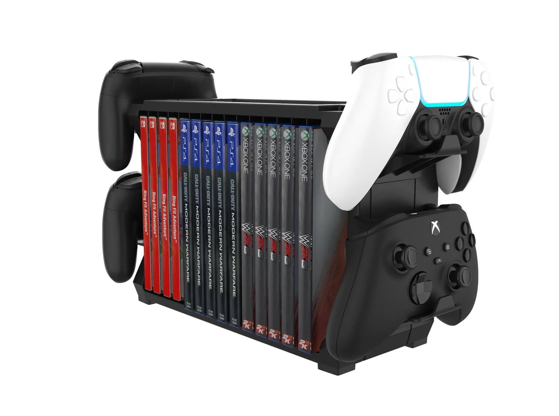 Black PS5 disc holder stand storing game cases and four controllers