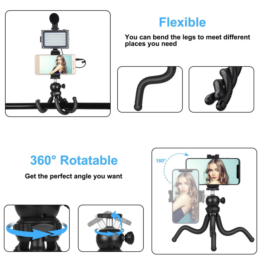 Black octopus-style flexible tripod with integrated fill light and microphone for iPhone live broadcasting.