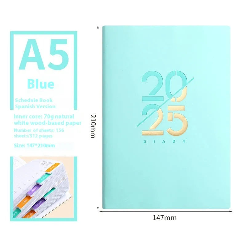 Soft cover A5 daily planner schedule book in blue, showing lay-flat binding and faux leather texture.