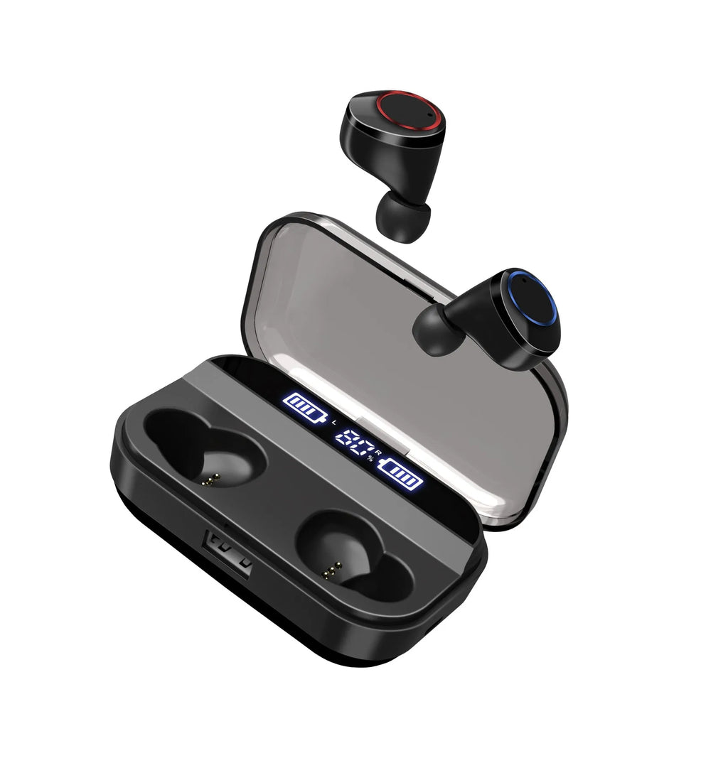 Black X11 Bluetooth wireless earbuds and charging case on a white background