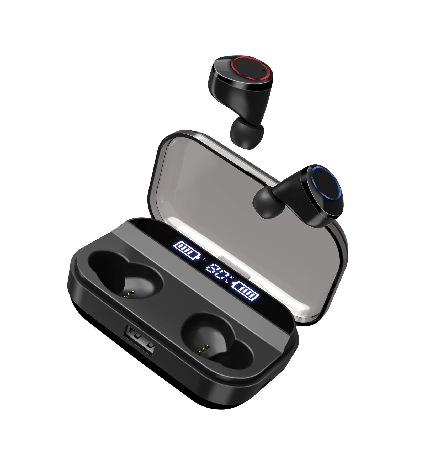 Black X11 Bluetooth wireless earbuds and charging case on a white background
