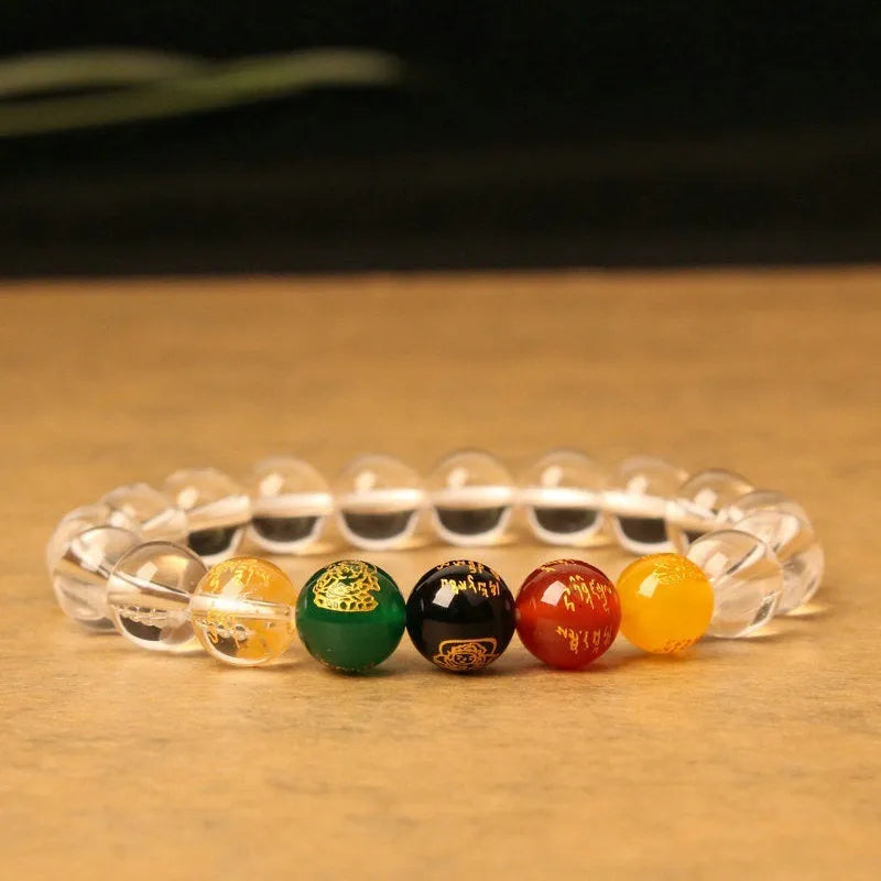 Agate Five Gods Of Wealth bracelet with 10mm round carved lettering beads in Chinese style