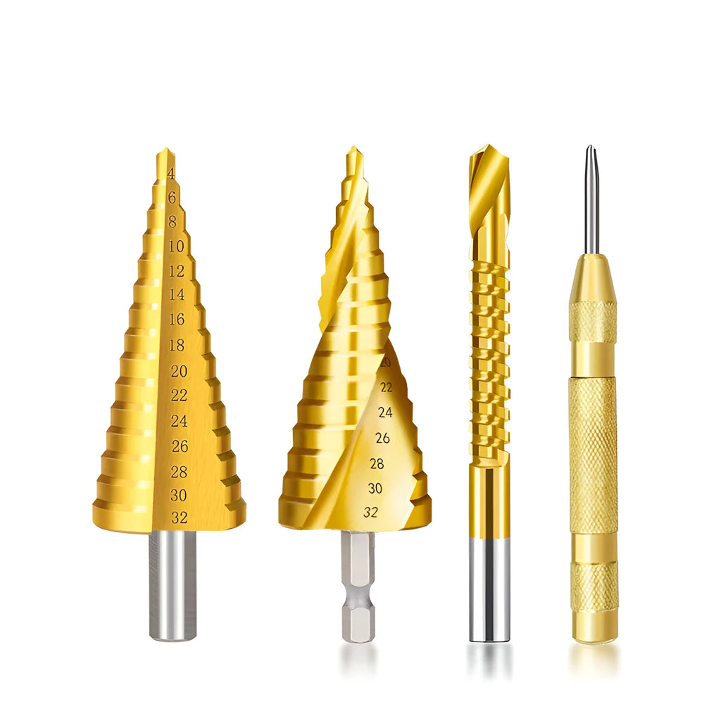 High speed steel step drill bits and centre punch set for metalworking with size markings
