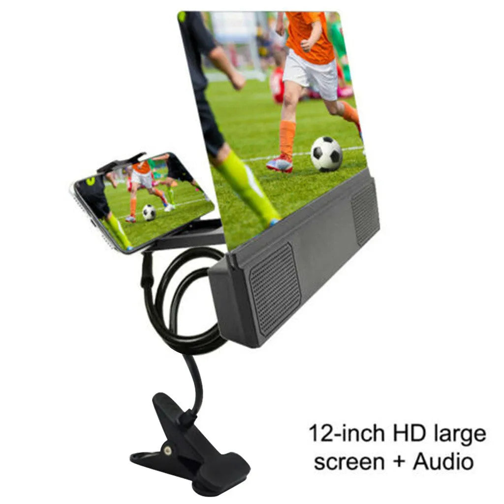 12-inch mobile phone screen amplifier with adjustable gooseneck mount and integrated speakers