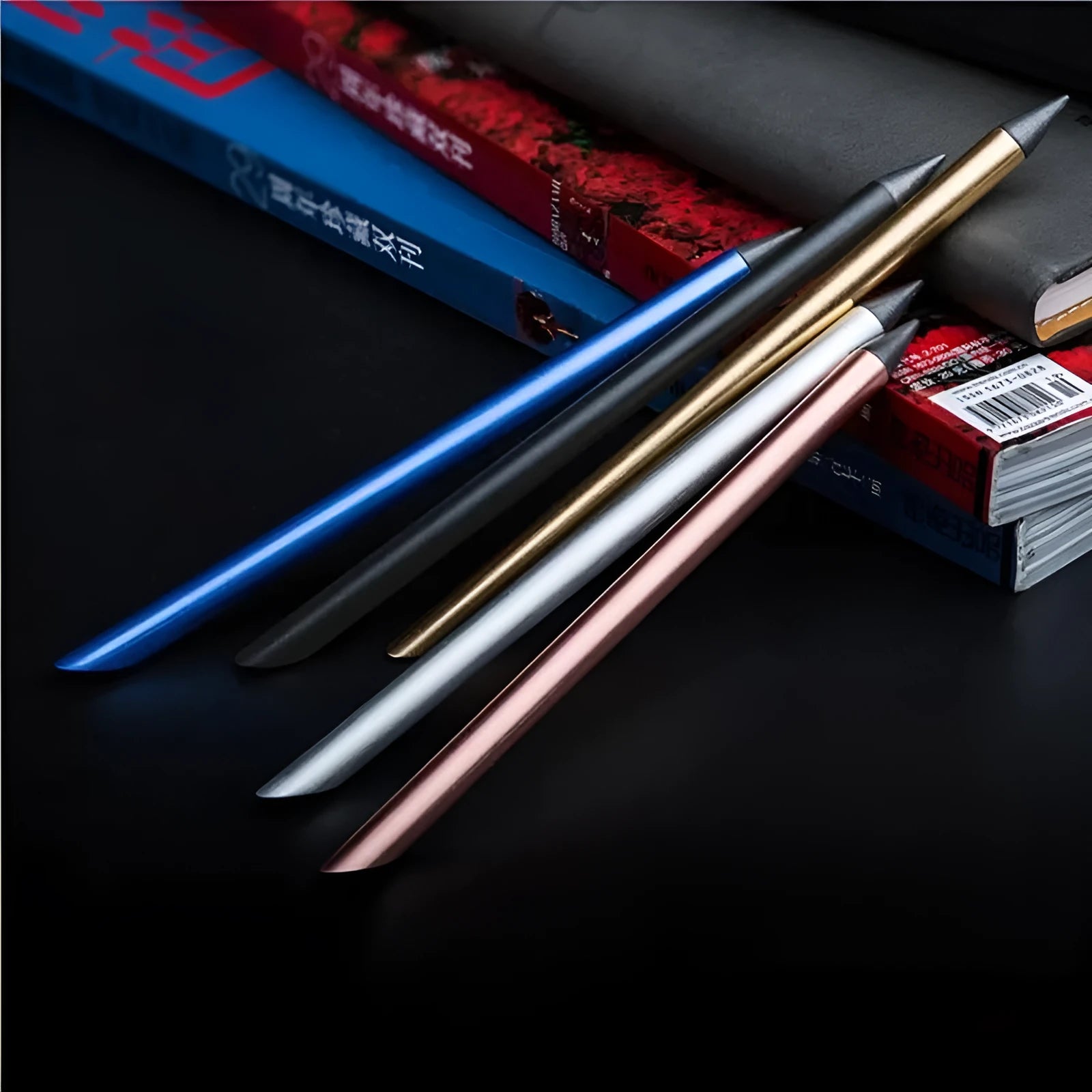 Inkless metal pen with alloy steel nib in five colours including black, blue, silver, gold and rose gold