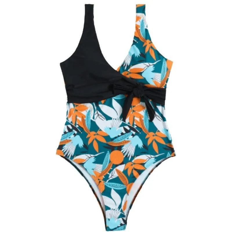 Women's high waist one-piece swimsuit in printed pattern, available in black or white.