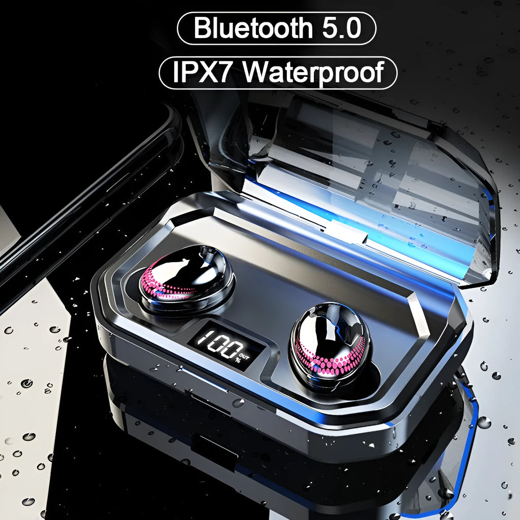 Black X10 Bluetooth wireless headset with charging case showing compact design.