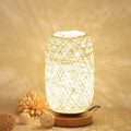 Brown hemp rope desk lamp with solid wood base and USB-powered LED light