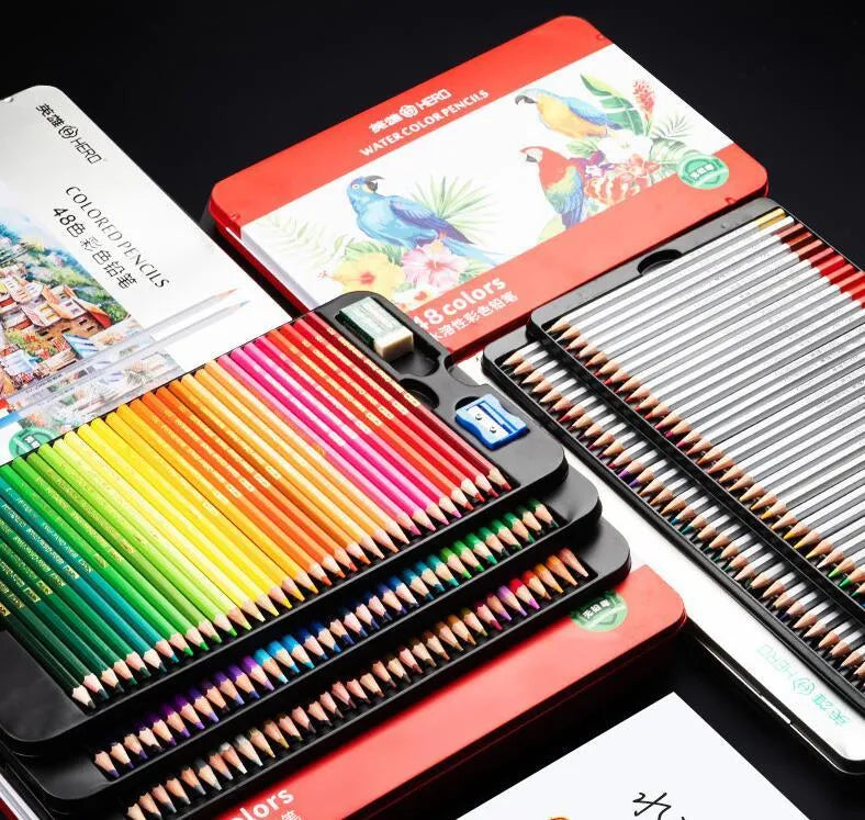 Water-soluble and oily colour pencil drawing set in tin box with 36 to 100 colours